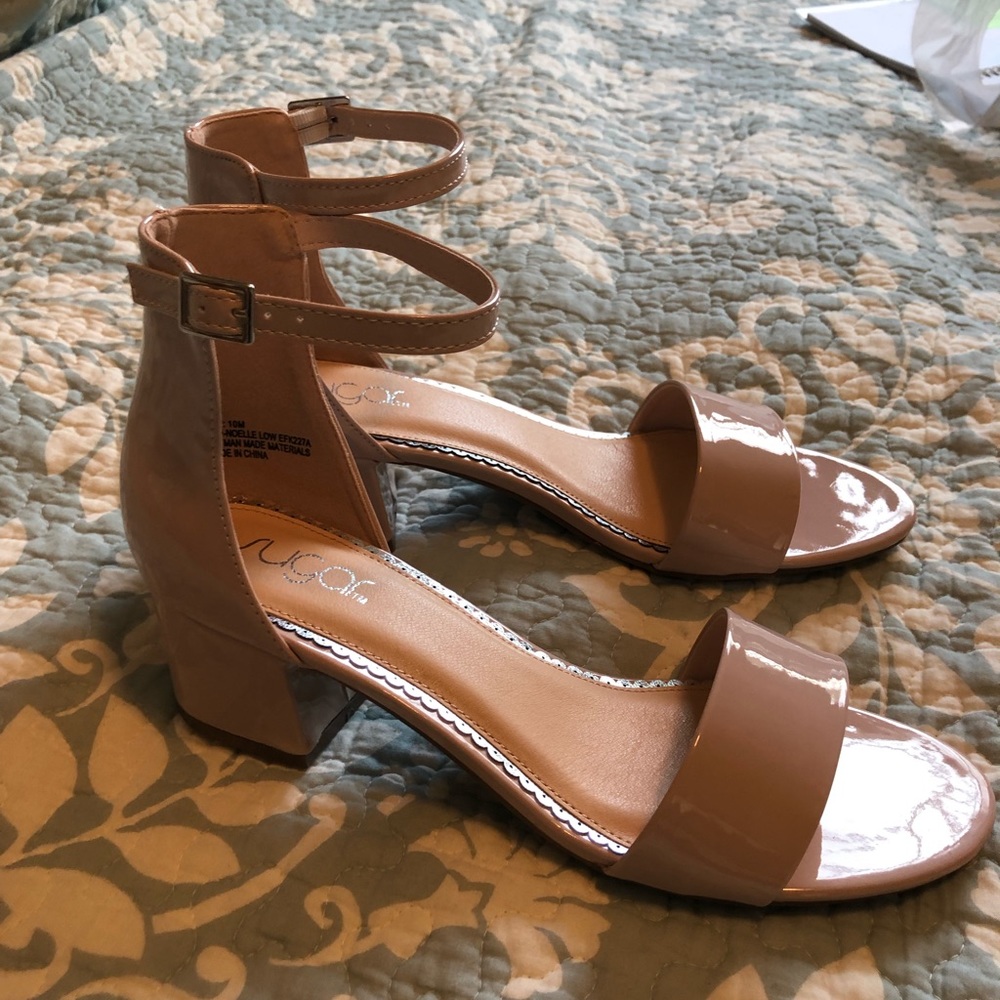 Low block heel patent soft pink sandals with ankle strap